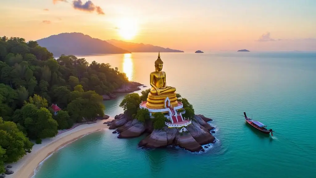 The golden Big Buddha of Koh Samui on its rocky islet at sunset, with a longtail boat passing on calm water