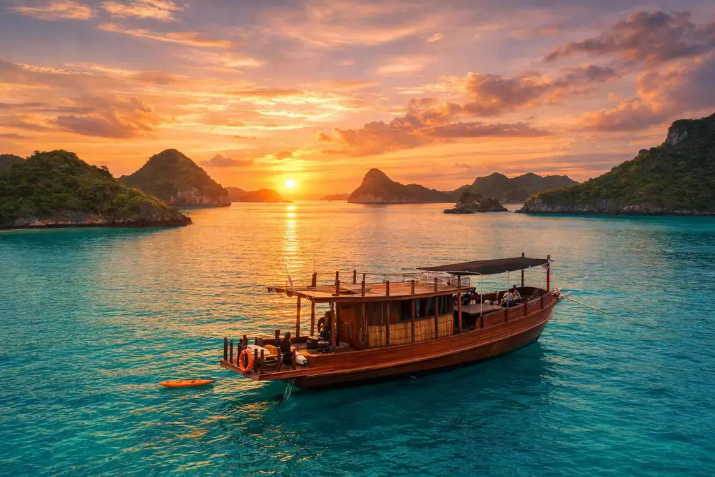 Aerial view of the Endless Summer Thai teak cruiser at sunset among limestone islands in turquoise water