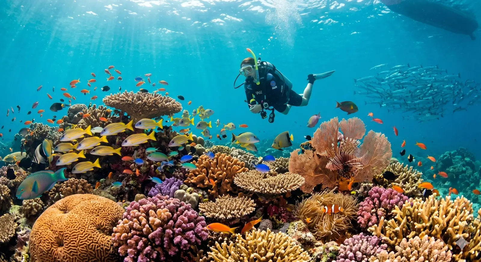 A scuba diver exploring a vibrant coral reef filled with colorful tropical fish near Koh Samui